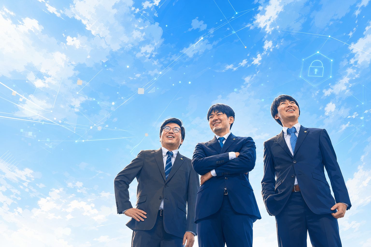 青空を背景にした3名のコンサルタントの現代的なITイラスト